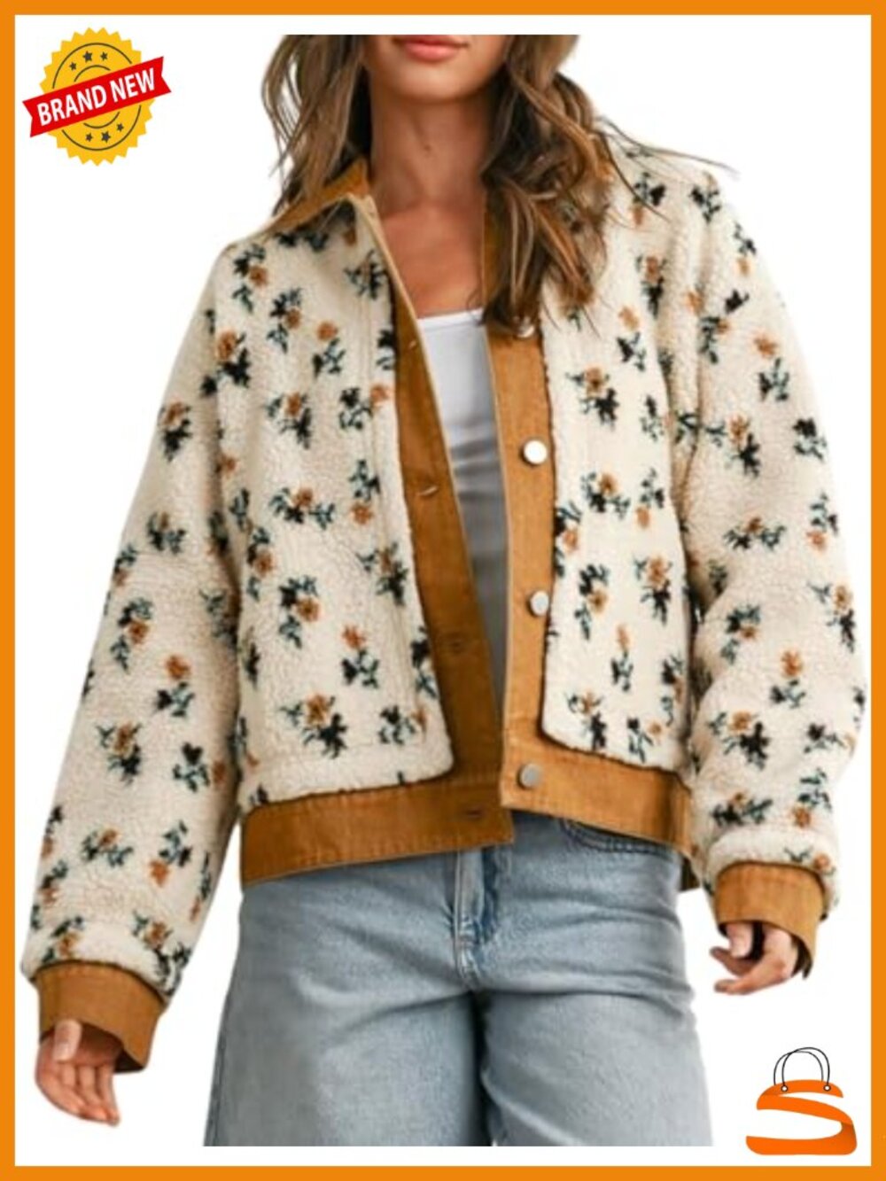 Floral Sherpa Fleece Jacket Denim Collar Oversized Women's Outerwear